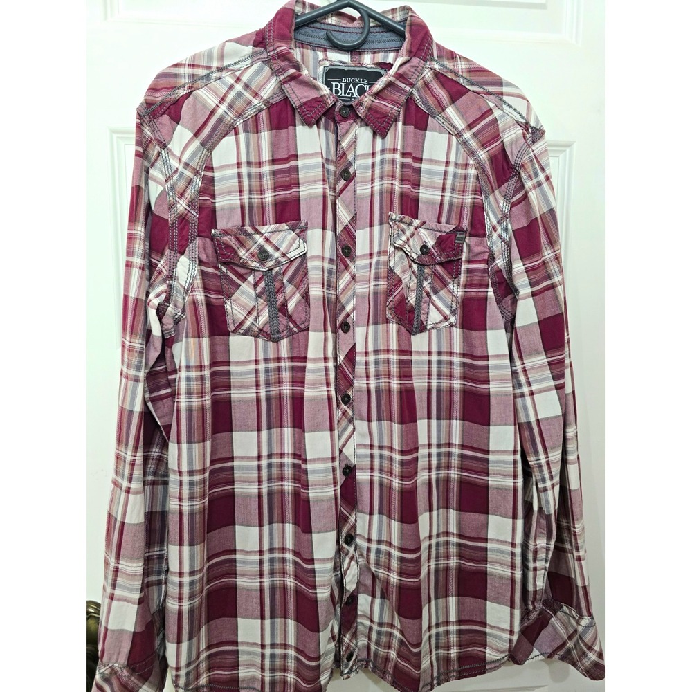Buckle Black Men's Burgundy White Gray Plaid Tailored Fit Button Up XL